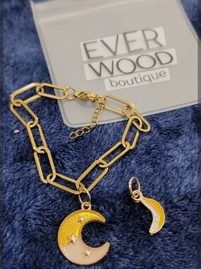 Gold Link Bracelet with Yellow Enamel Crescent Charm